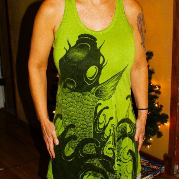 Green and Black Koi Taml Top Mini Dress - Picture 1 of 7